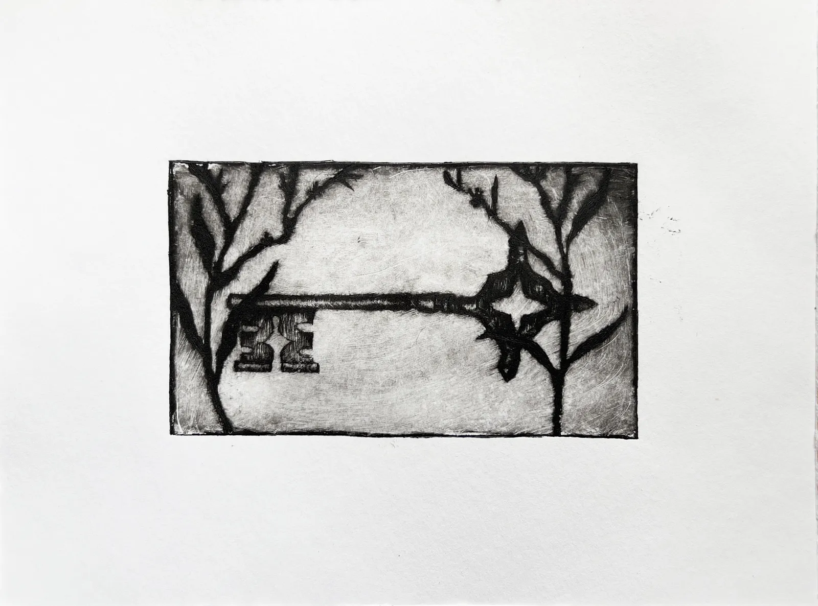 Зображення "the lost key" від Elisa Hymera Nechai, розмір: 17,5x23,5cm, медіум: drypoint, місто: Kyiv, серія: key, ціна: €70 Фото 2 з 4.