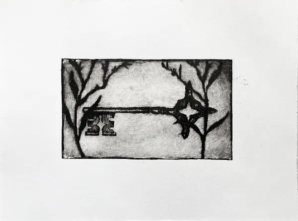 Зображення "the lost key" від Elisa Hymera Nechai, розмір: 17,5x23,5cm, медіум: drypoint, місто: Kyiv, серія: key, ціна: €70 Фото 2 з 4.