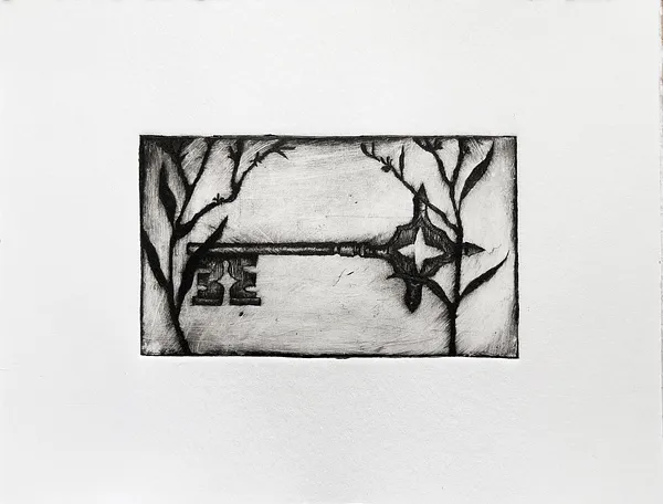 Зображення "the lost key" від Elisa Hymera Nechai, розмір: 17,5x23,5cm, медіум: drypoint, місто: Kyiv, серія: key, ціна: €70 Фото 3 з 4.